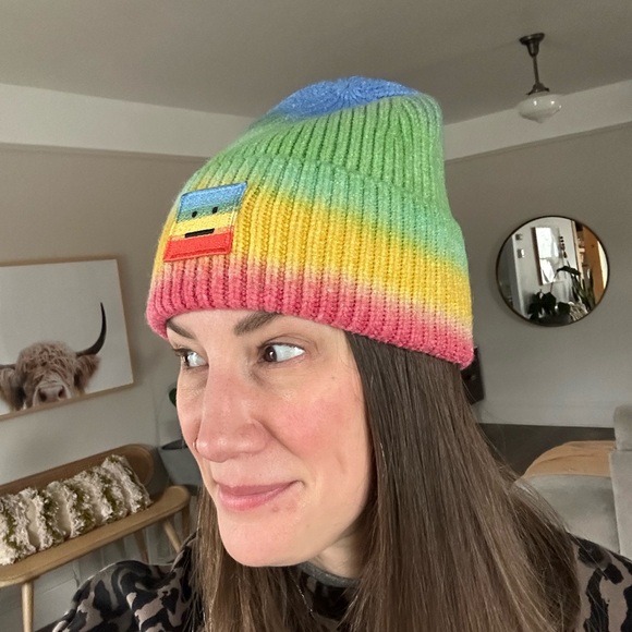 Brand New Acne Studios Pansy Rainbow Beanie - coral red/green multicolor - Picture 3 of 8